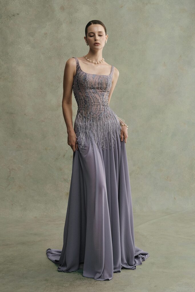 Cinder Square Neck Beaded Long Dress