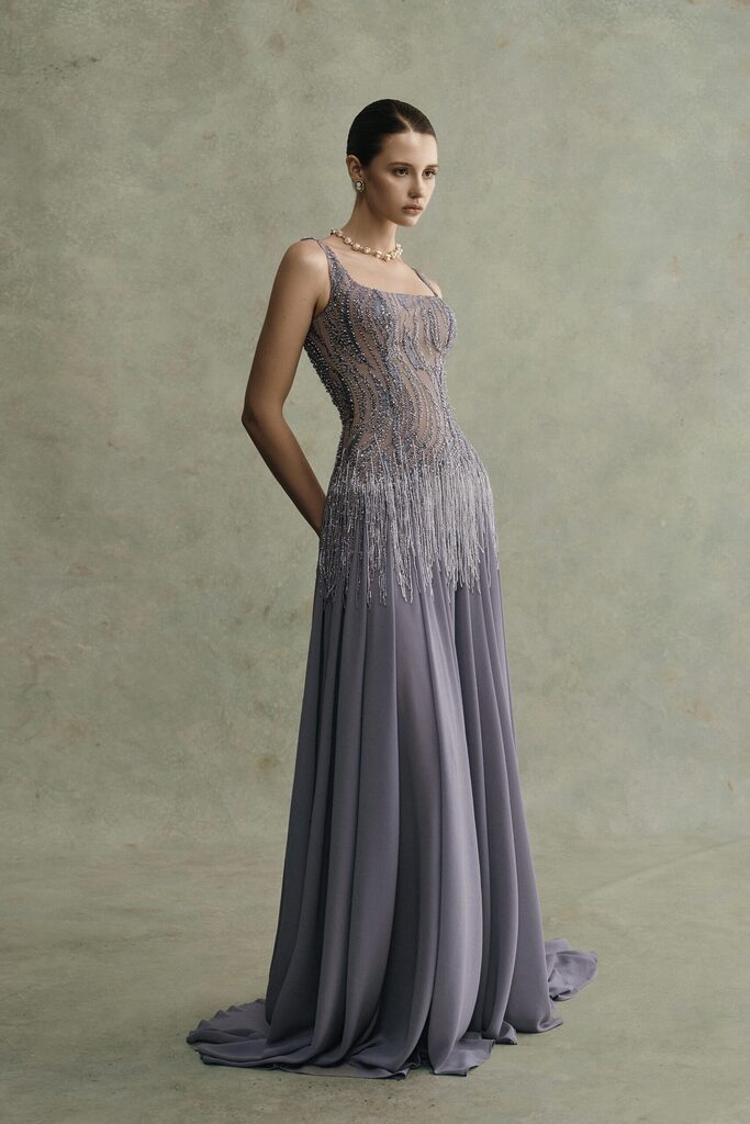 Cinder Square Neck Beaded Long Dress