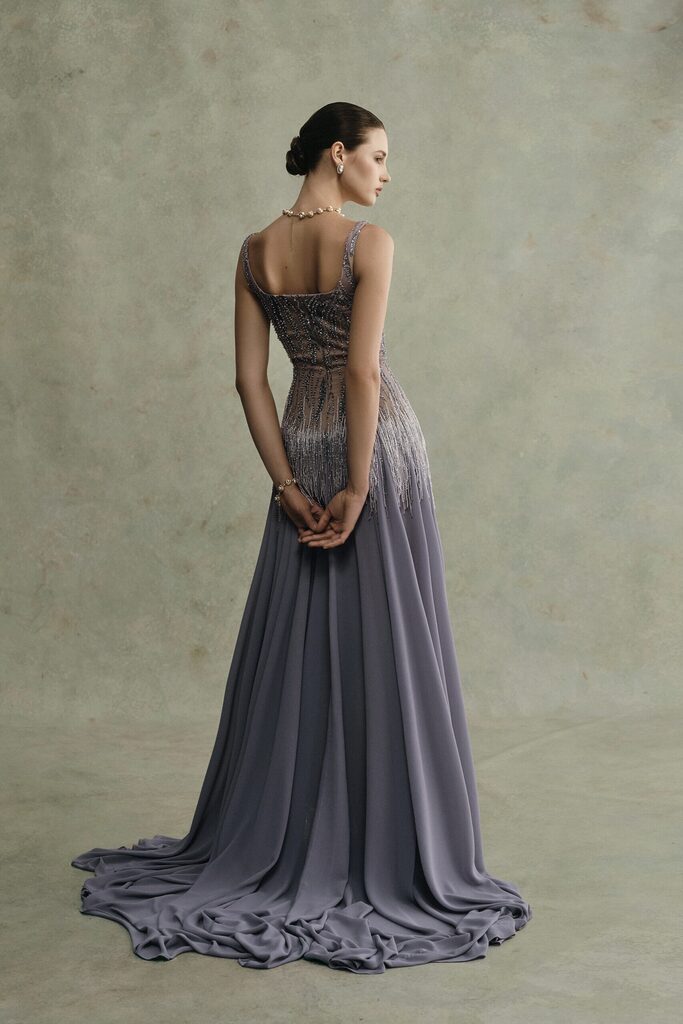 Cinder Square Neck Beaded Long Dress